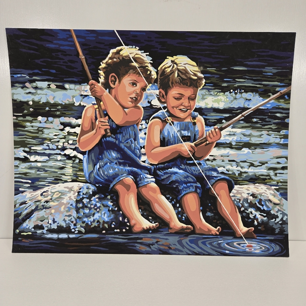 Boys Fishing Finished Acrylic Painting Paint By Number Lakeside Siblings 20x16‎